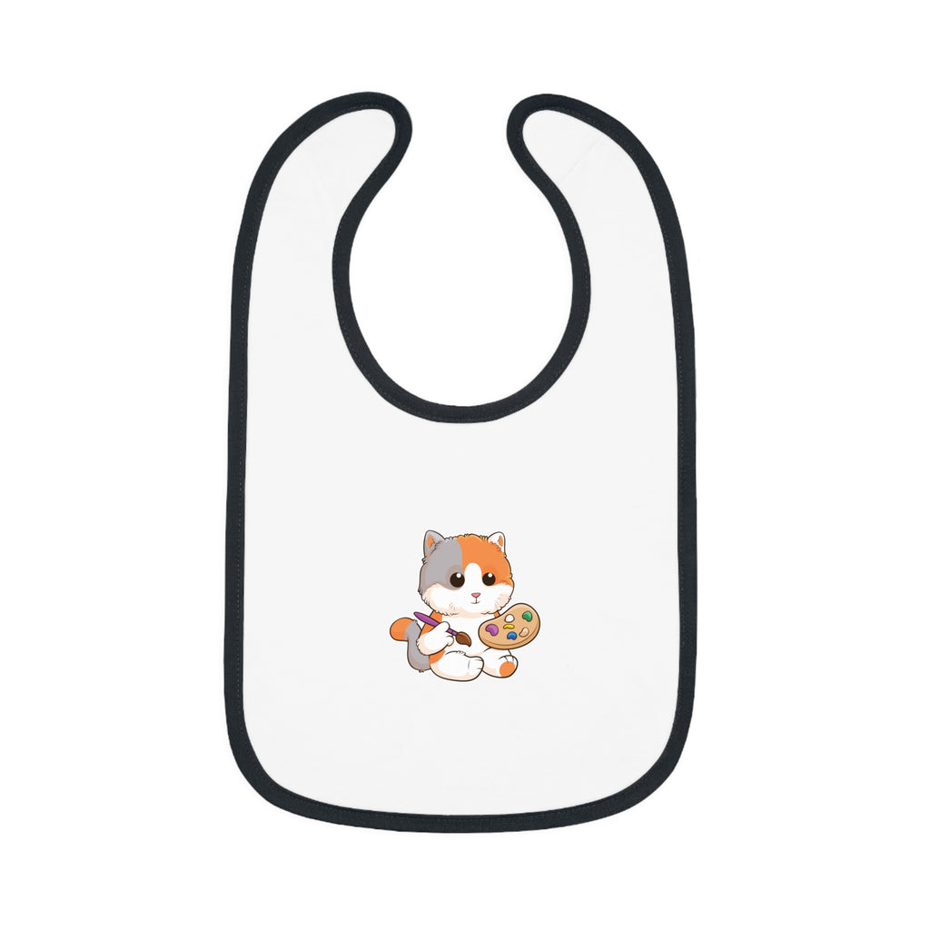 A white baby bib with black trim and a small picture of a cat.