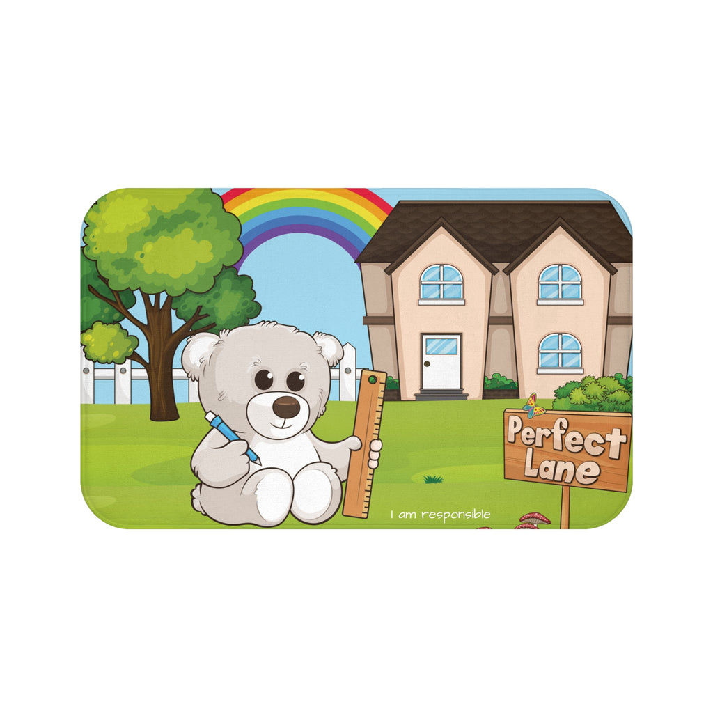 A 34 by 21 inch bath mat that has a scene of a bear in the yard of its house with a rainbow in the background and the phrase "I am responsible" along the bottom.