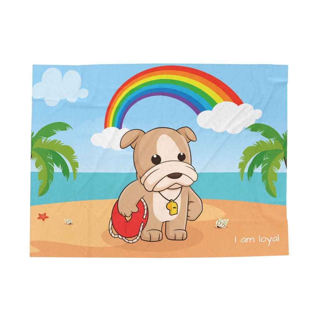 A blanket that has a scene of a dog lifeguard standing on a beach with a rainbow in the background and the phrase "I am loyal" along the bottom.