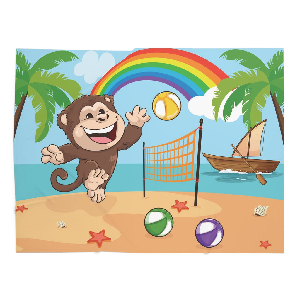 Full-color swaddle blanket with a monkey playing volleyball on a beach with a rainbow in the background.