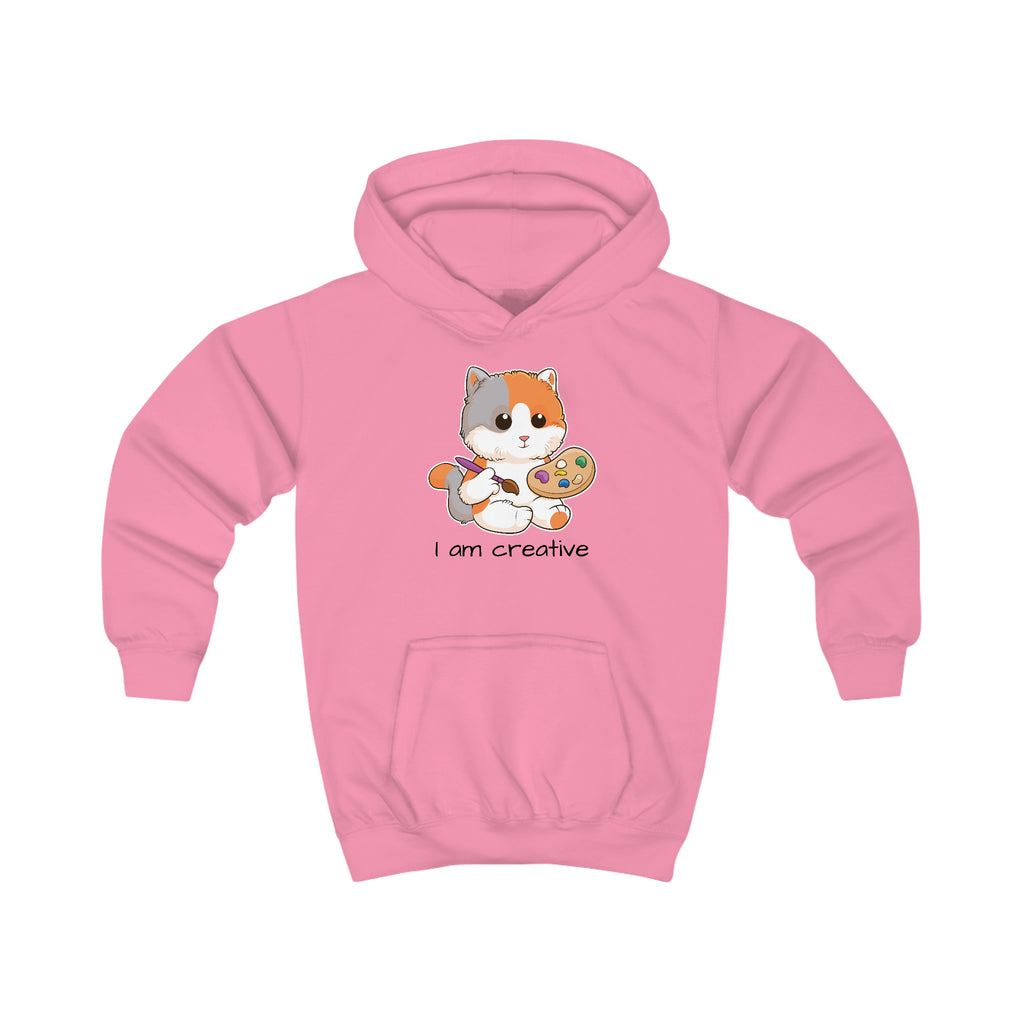 A pink hoodie with a picture of a cat that says I am creative.