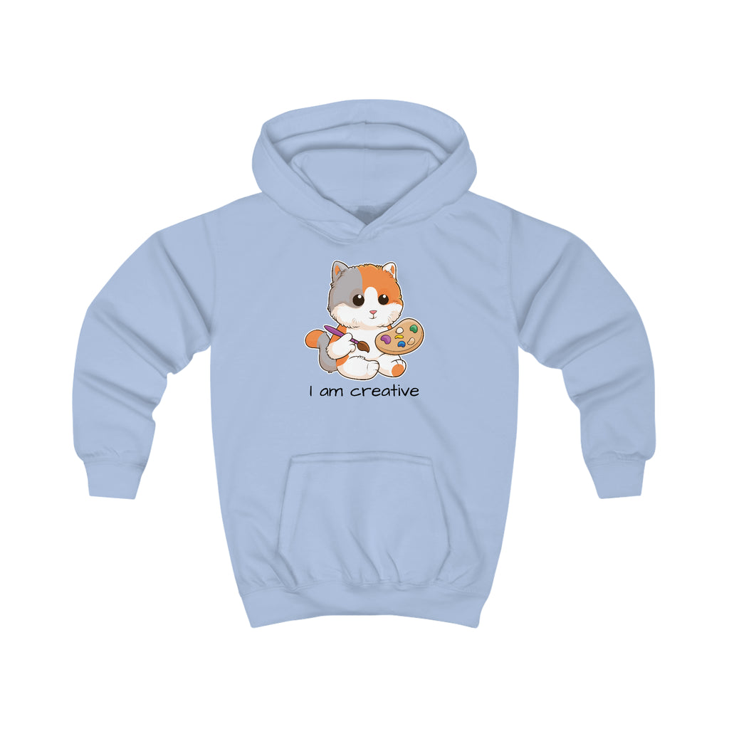 A light blue hoodie with a picture of a cat that says I am creative.