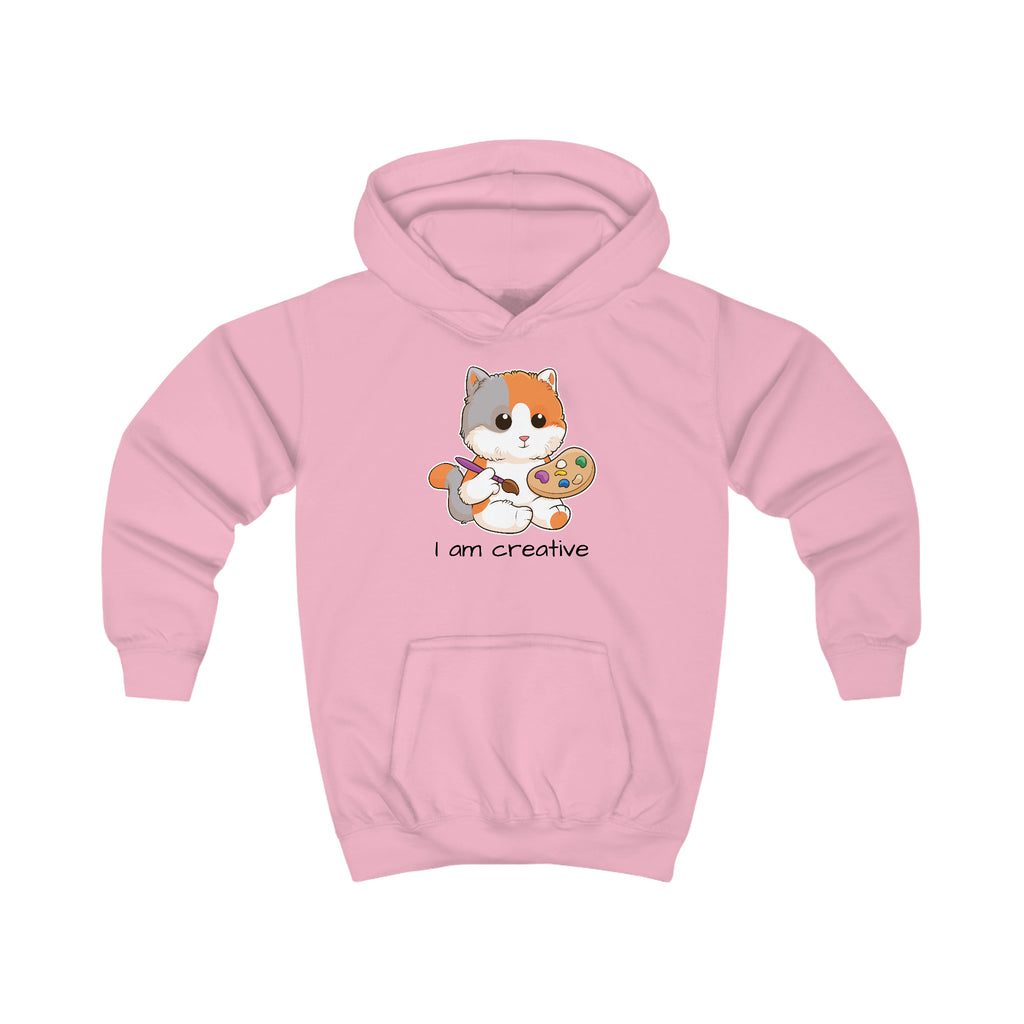 A light pink hoodie with a picture of a cat that says I am creative.