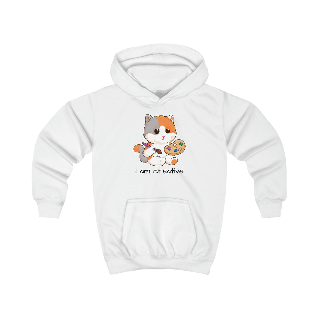 A white hoodie with a picture of a cat that says I am creative.