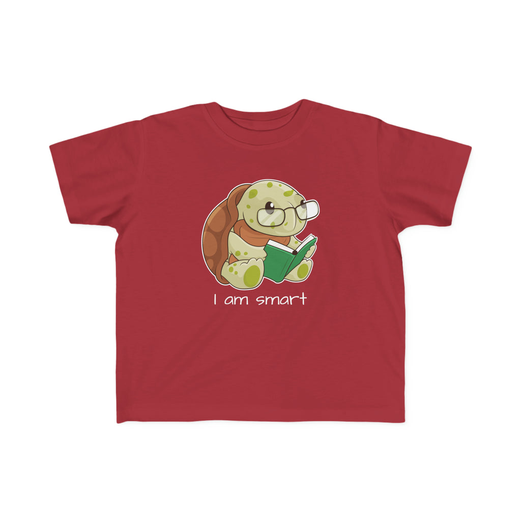 A short-sleeve garnet red shirt with a picture of a turtle that says I am smart.