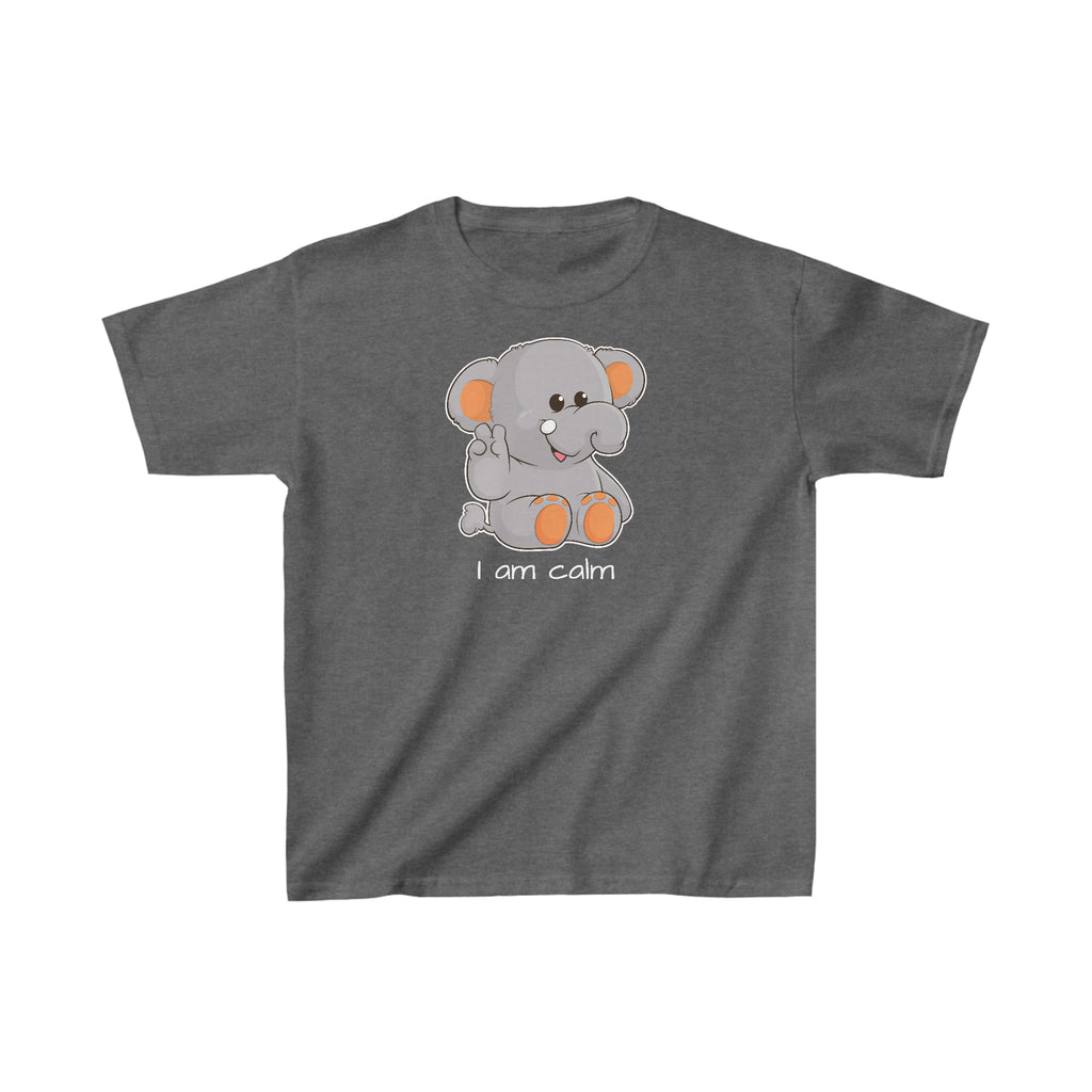 A short-sleeve dark grey shirt with a picture of an elephant that says I am calm.