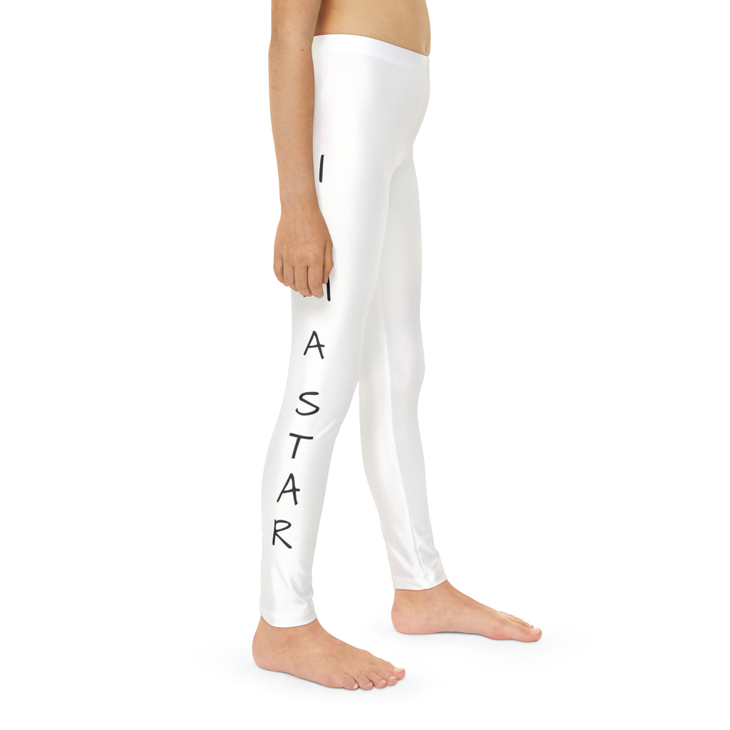 Right side-view of a child wearing white leggings with a picture of a fox on the front left waist and the phrase "I am a star" read top to bottom on the side of each leg.