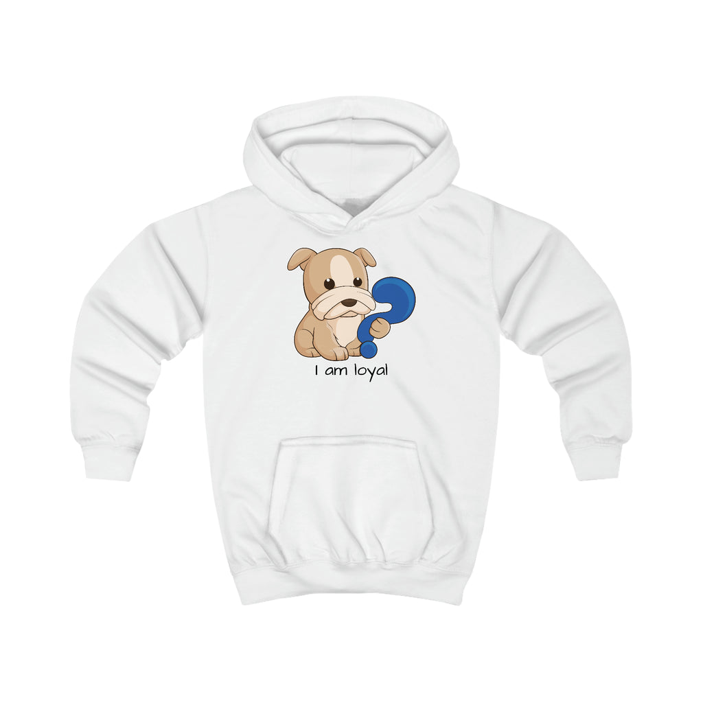 A white hoodie with a picture of a dog that says I am loyal.