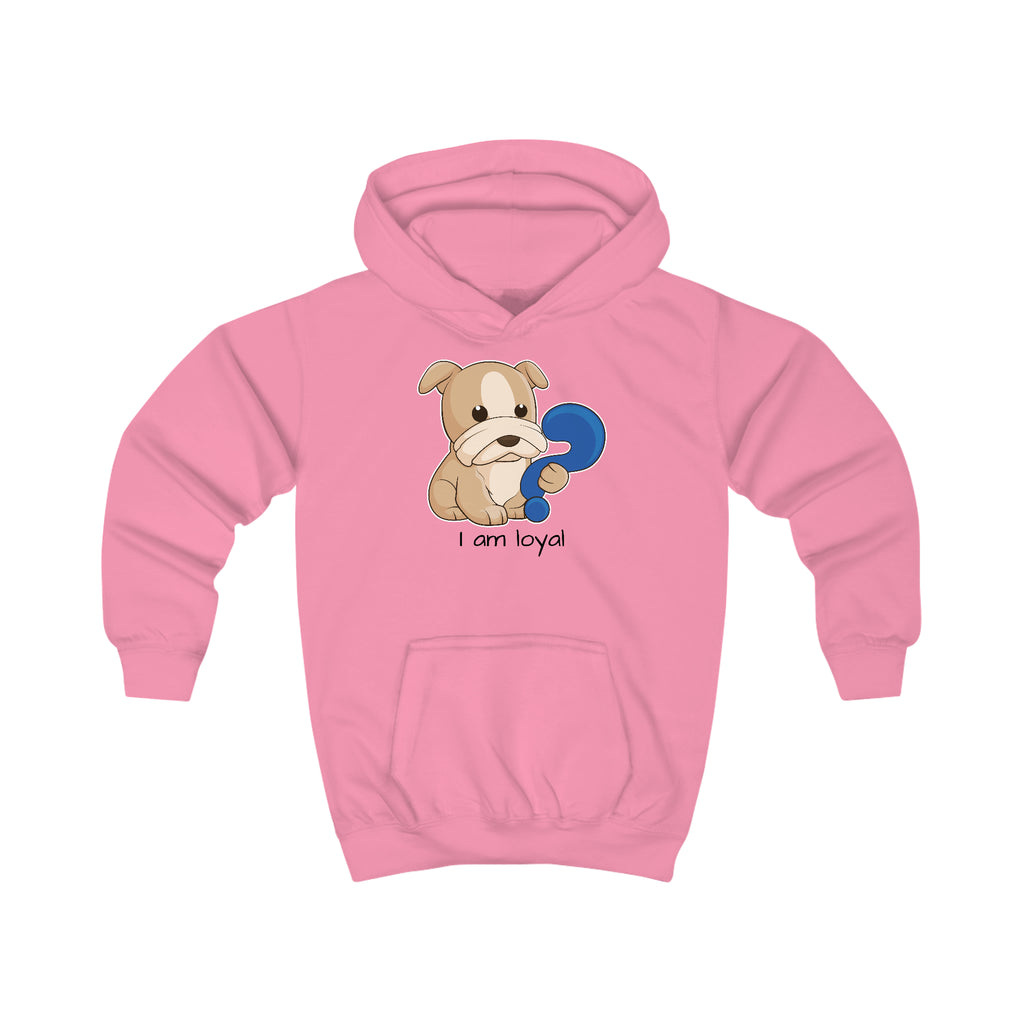 A pink hoodie with a picture of a dog that says I am loyal.
