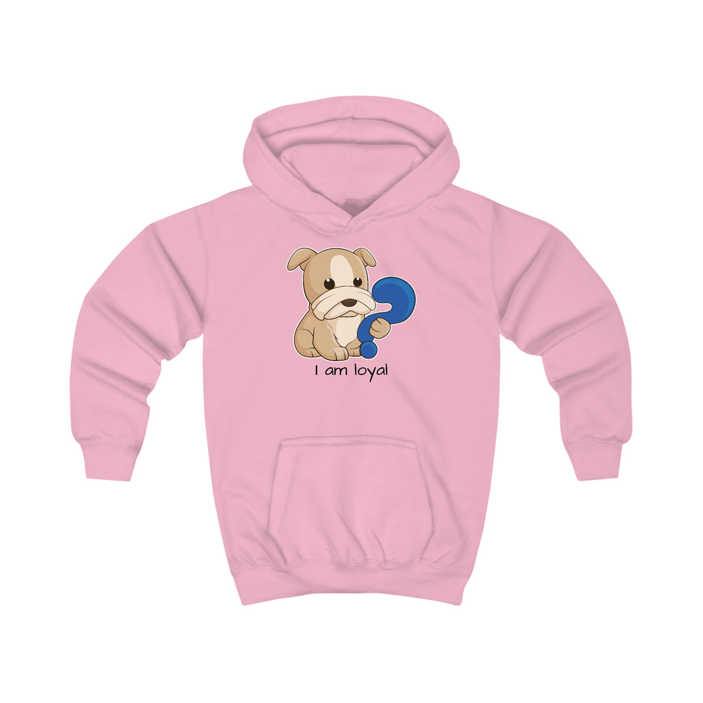A light pink hoodie with a picture of a dog that says I am loyal.