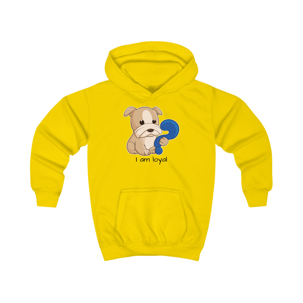 A yellow hoodie with a picture of a dog that says I am loyal.