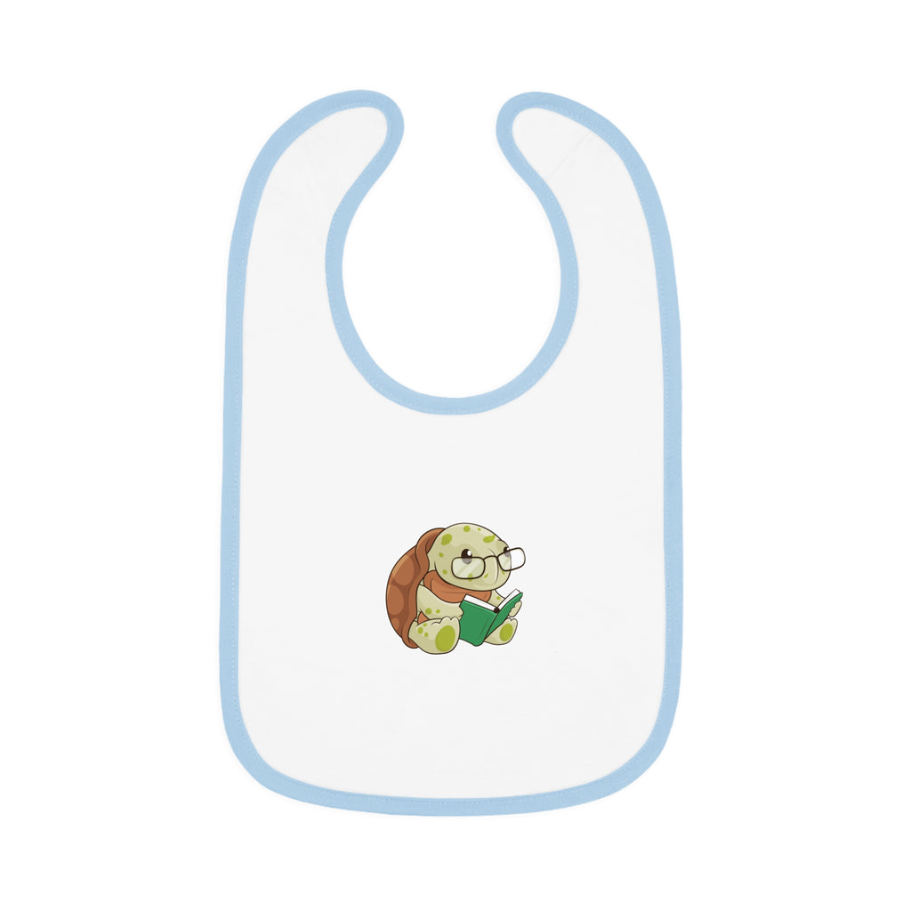 A white baby bib with light blue trim and a small picture of a turtle.