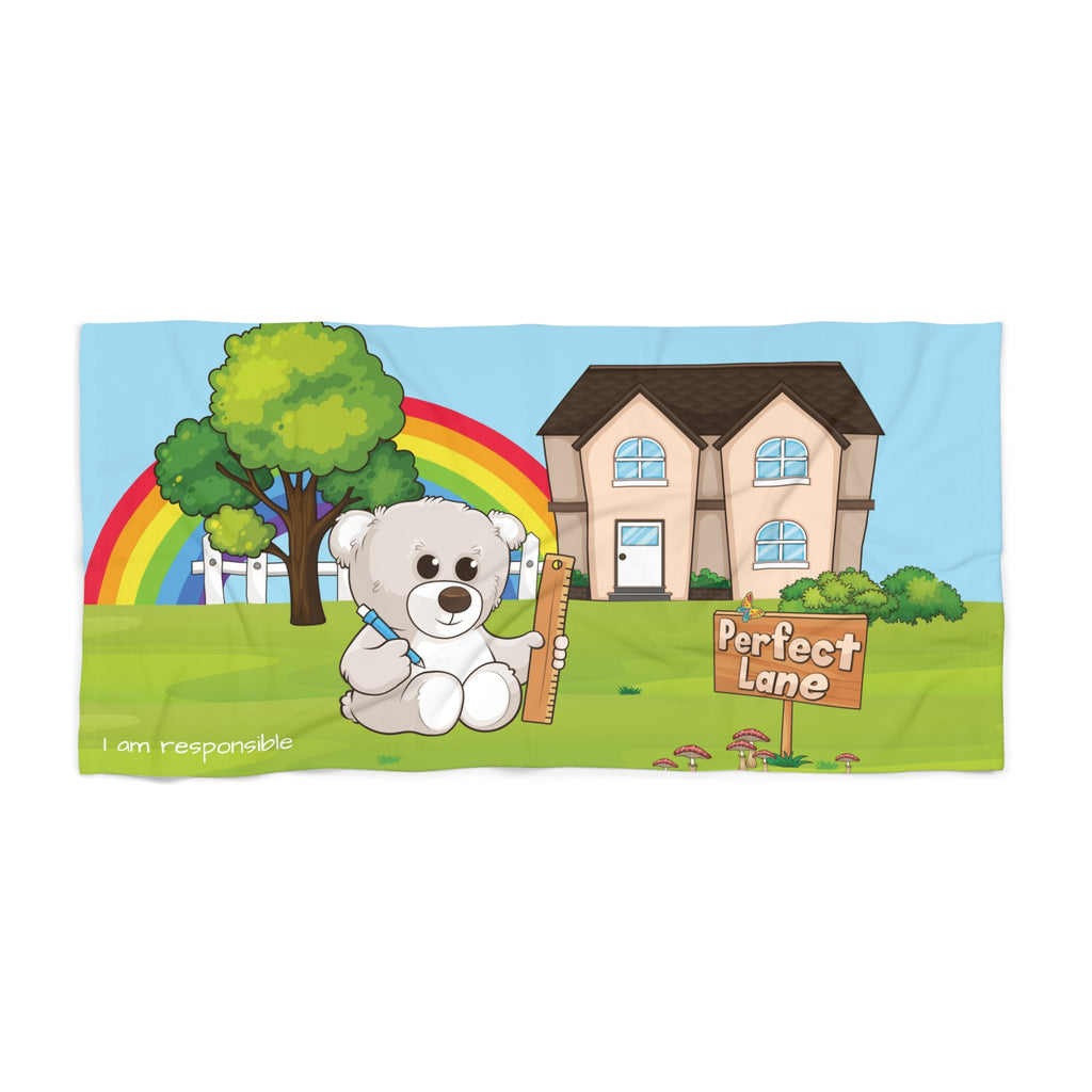 A 30 by 60 inch beach towel with a scene of a bear sitting in the yard of its house, a rainbow in the background, and the phrase "I am responsible" along the bottom.
