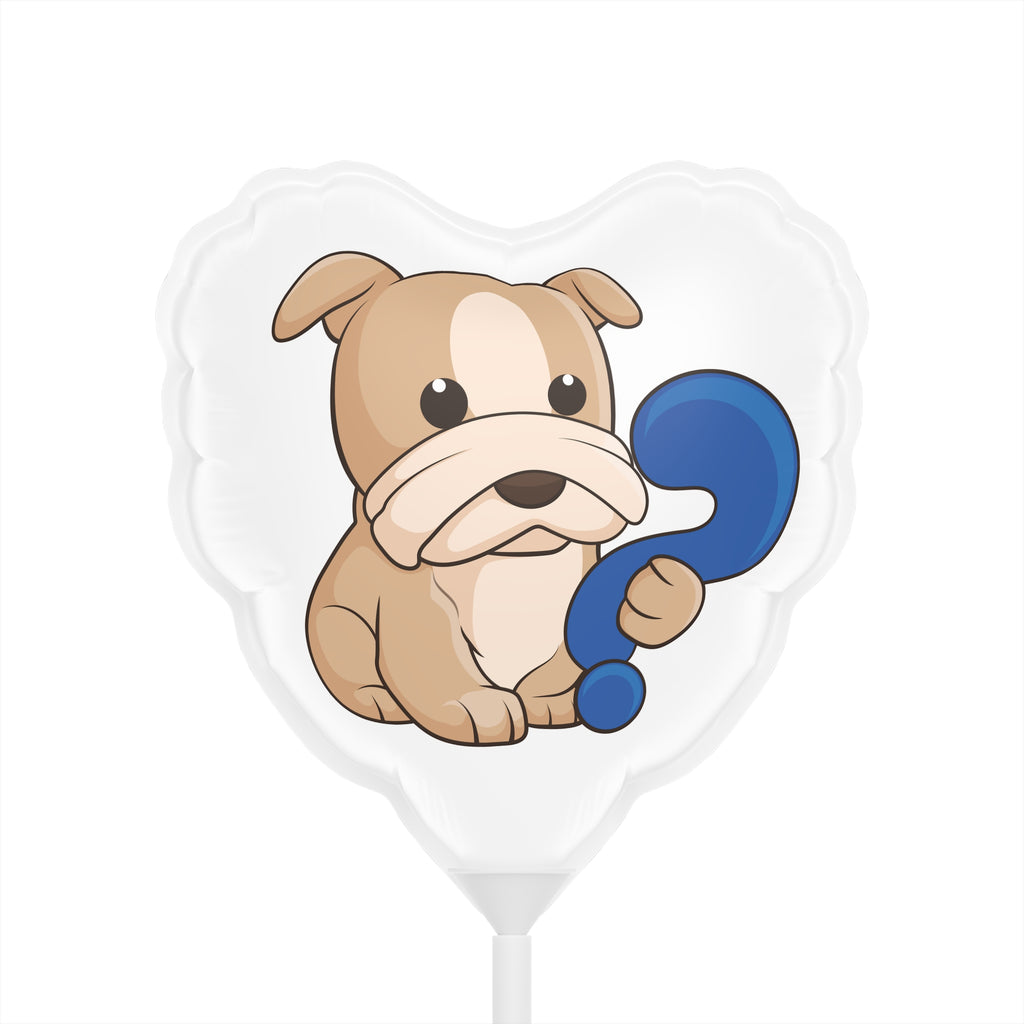 A heart-shaped white mylar balloon on a stick with a picture of a dog.