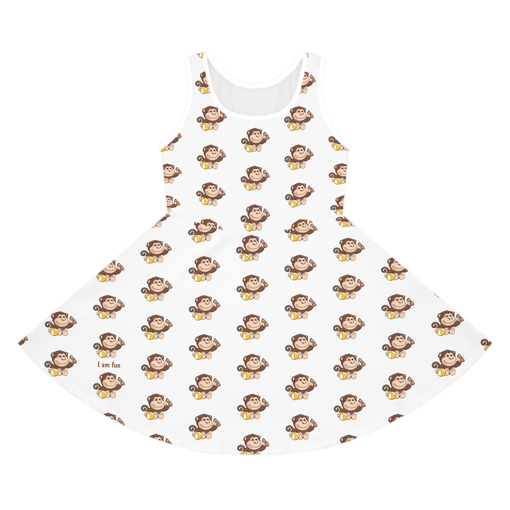 Front-view of a sleeveless white dress with a repeating pattern of a monkey.