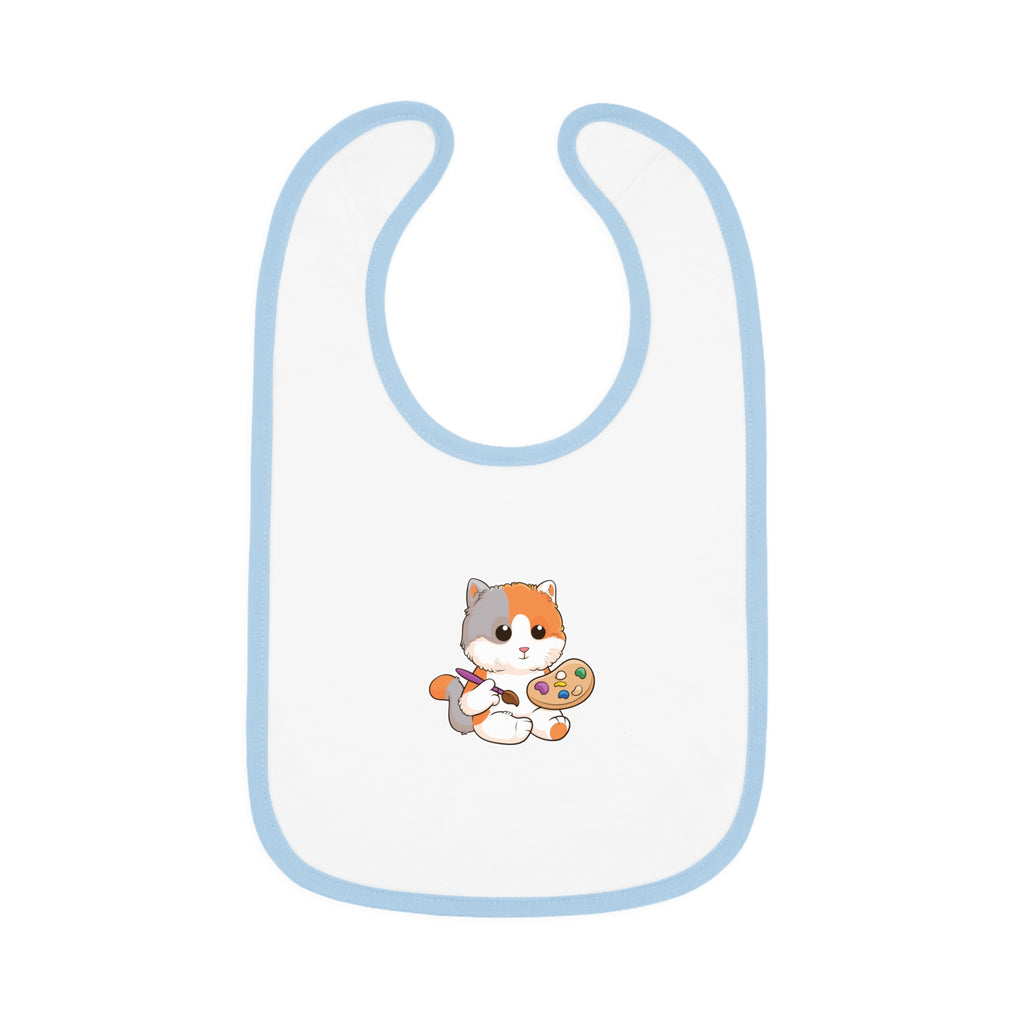 A white baby bib with light blue trim and a small picture of a cat.
