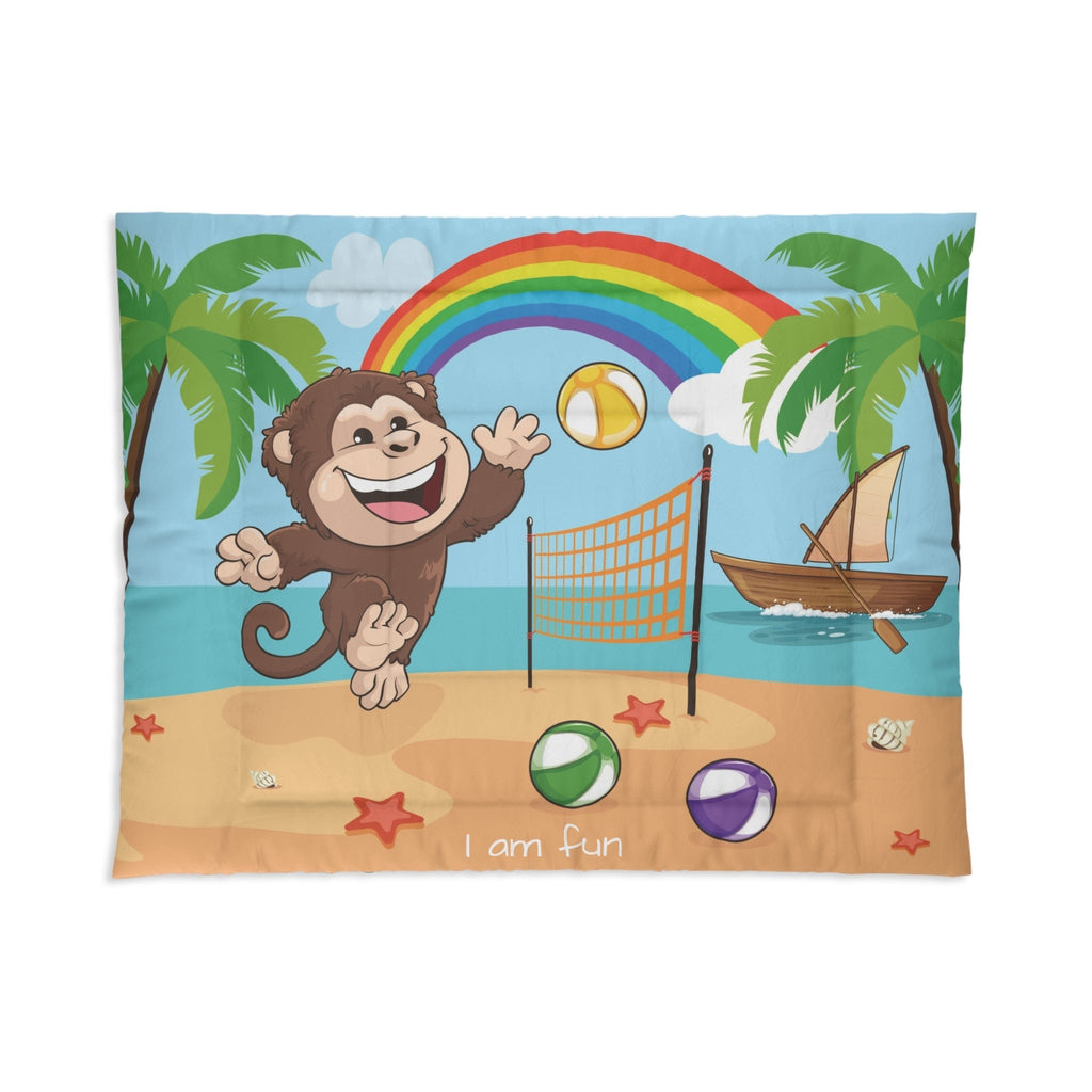 A 68 by 88 inch bed comforter with a scene of a monkey playing volleyball on a beach, a rainbow in the background, and the phrase "I am fun" along the bottom.