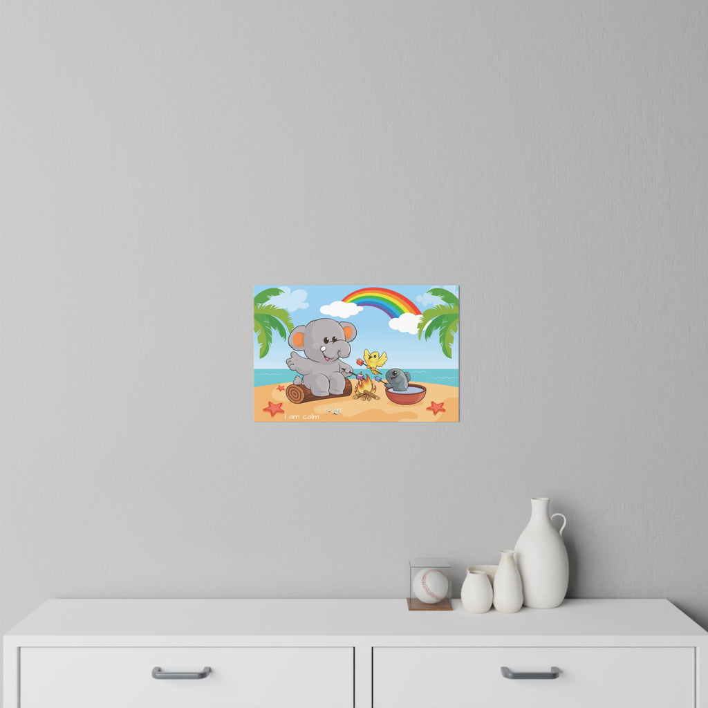 An 18 by 12 inch wall decal on a grey wall above a dresser. The wall decal has a scene of an elephant having a bonfire with a bird and fish on the beach, a rainbow in the background, and the phrase "I am calm" along the bottom.