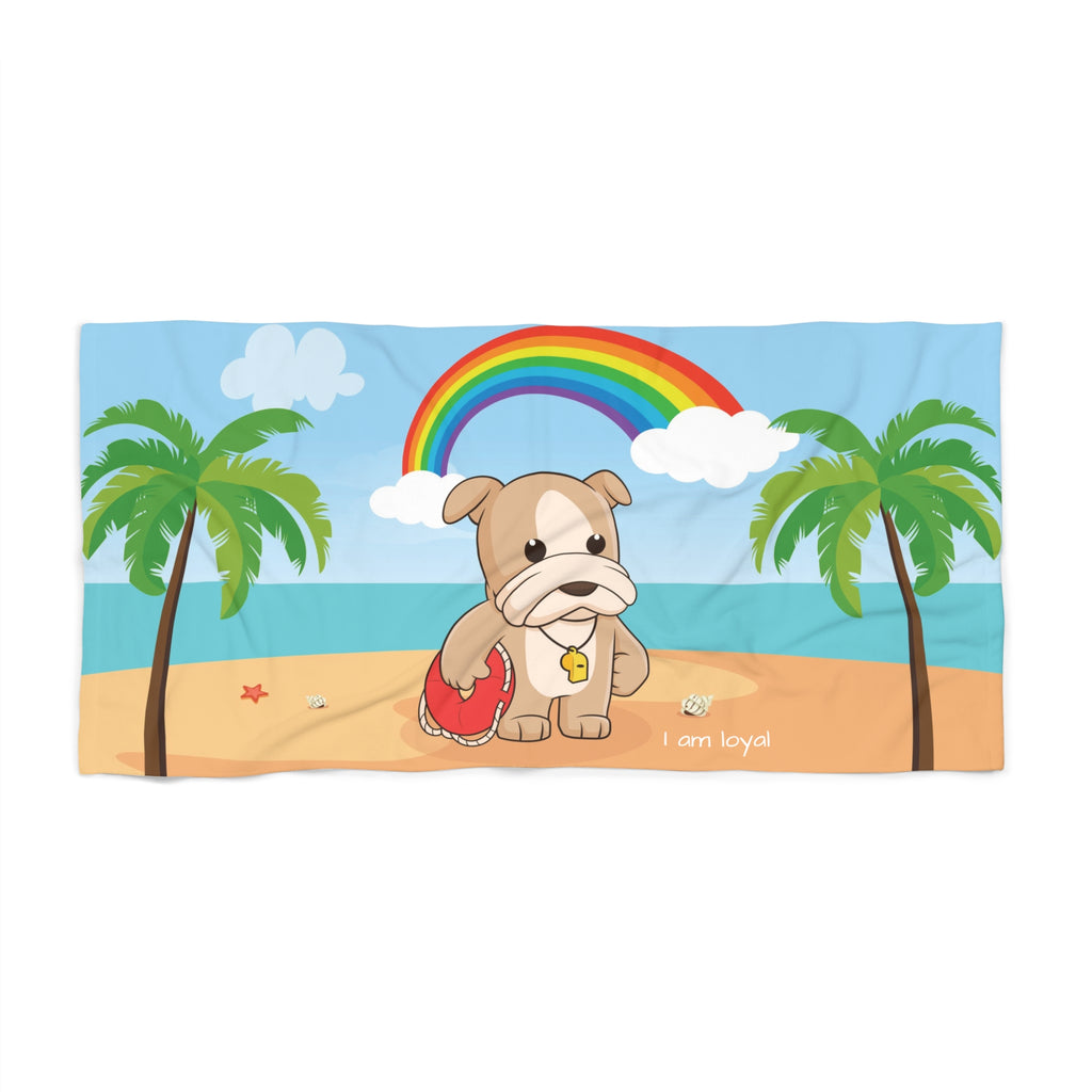 A 36 by 72 inch beach towel with a scene of a dog lifeguard standing on the beach, a rainbow in the background, and the phrase "I am loyal" along the bottom.