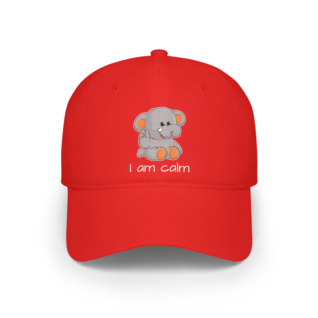Front-view of a red baseball hat with a picture of an elephant that says I am calm.