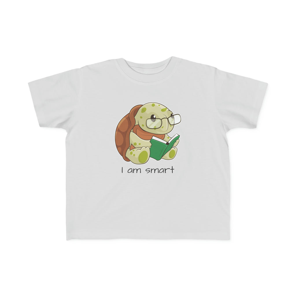 A short-sleeve grey shirt with a picture of a turtle that says I am smart.