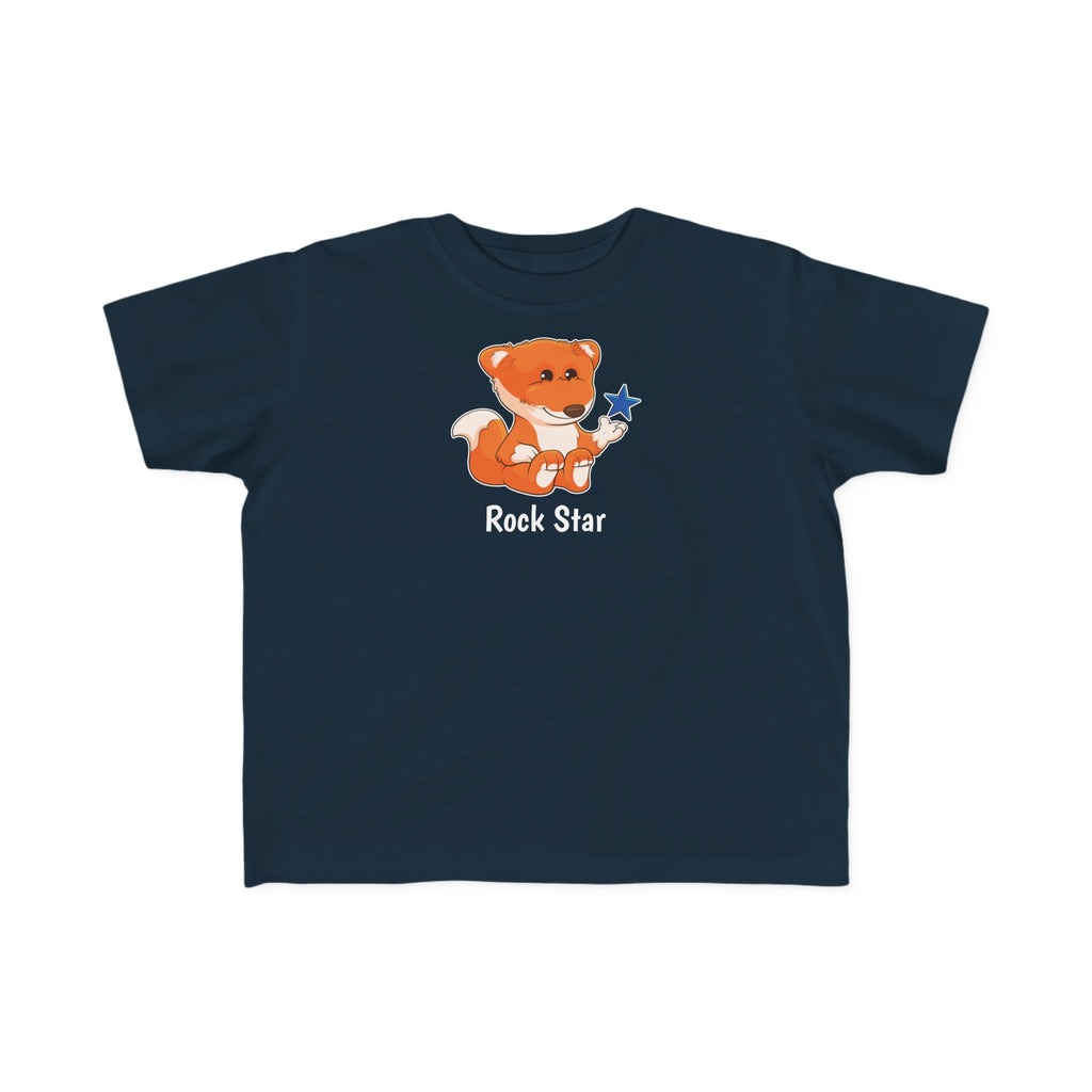 A short-sleeve navy blue shirt with a picture of a fox that says Rock Star.