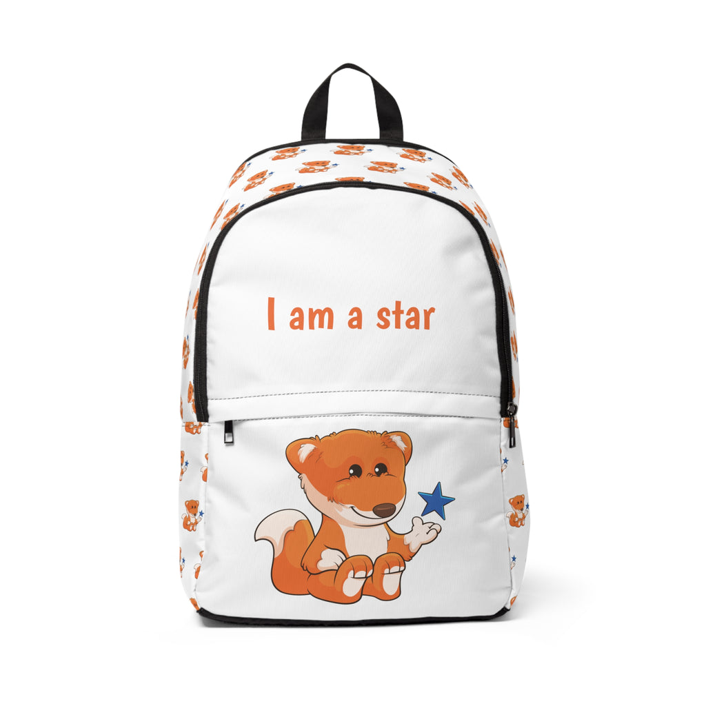 Front-view of a white backpack with a repeating pattern of a fox on the sides. The bottom half of the front features a large fox and the top half says "I am a star".