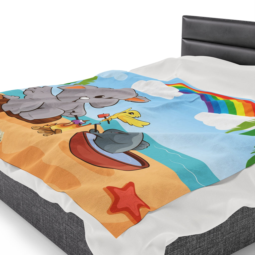 Side-view of a 60 by 80 inch blanket on a queen-sized bed. The blanket has a scene of an elephant having a bonfire with a bird and fish on the beach, a rainbow in the background, and the phrase "I am calm" along the bottom.