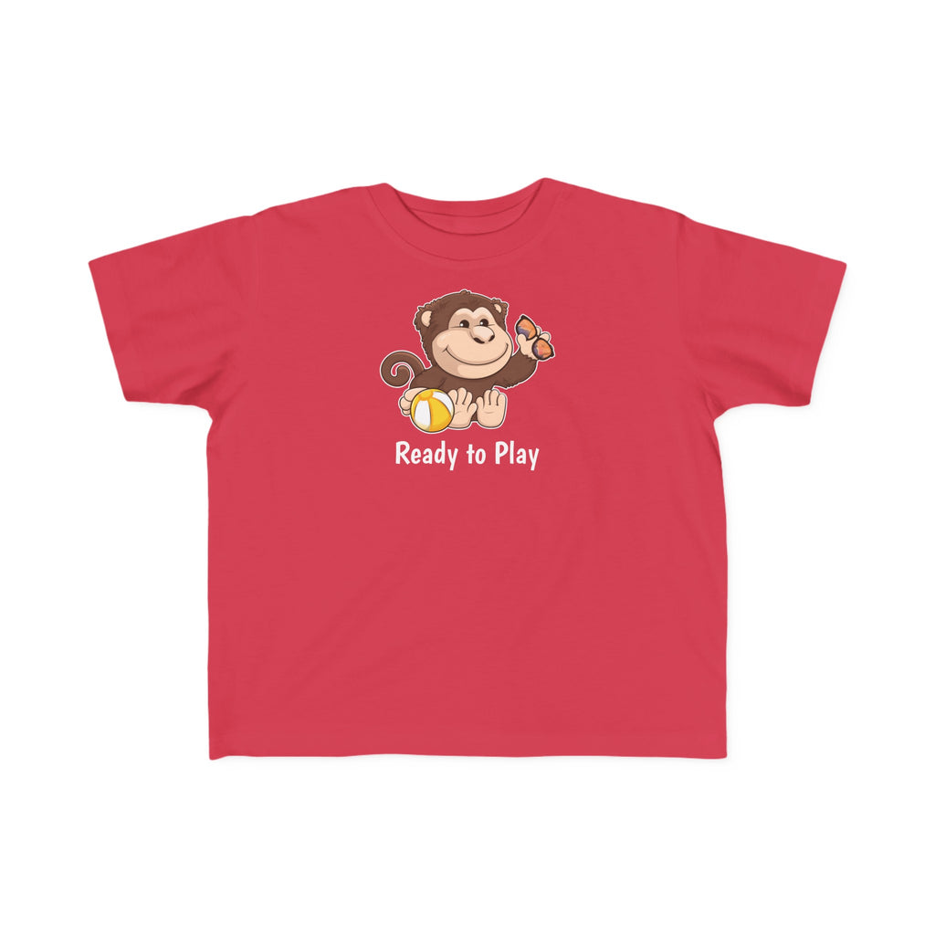 A short-sleeve red shirt with a picture of a monkey that says Ready to Play.
