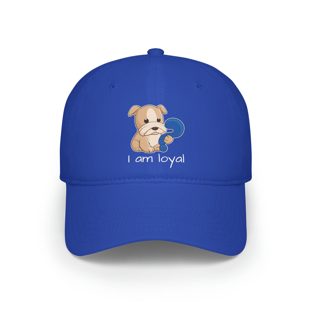 Front-view of a royal blue baseball hat with a picture of a dog that says I am loyal.