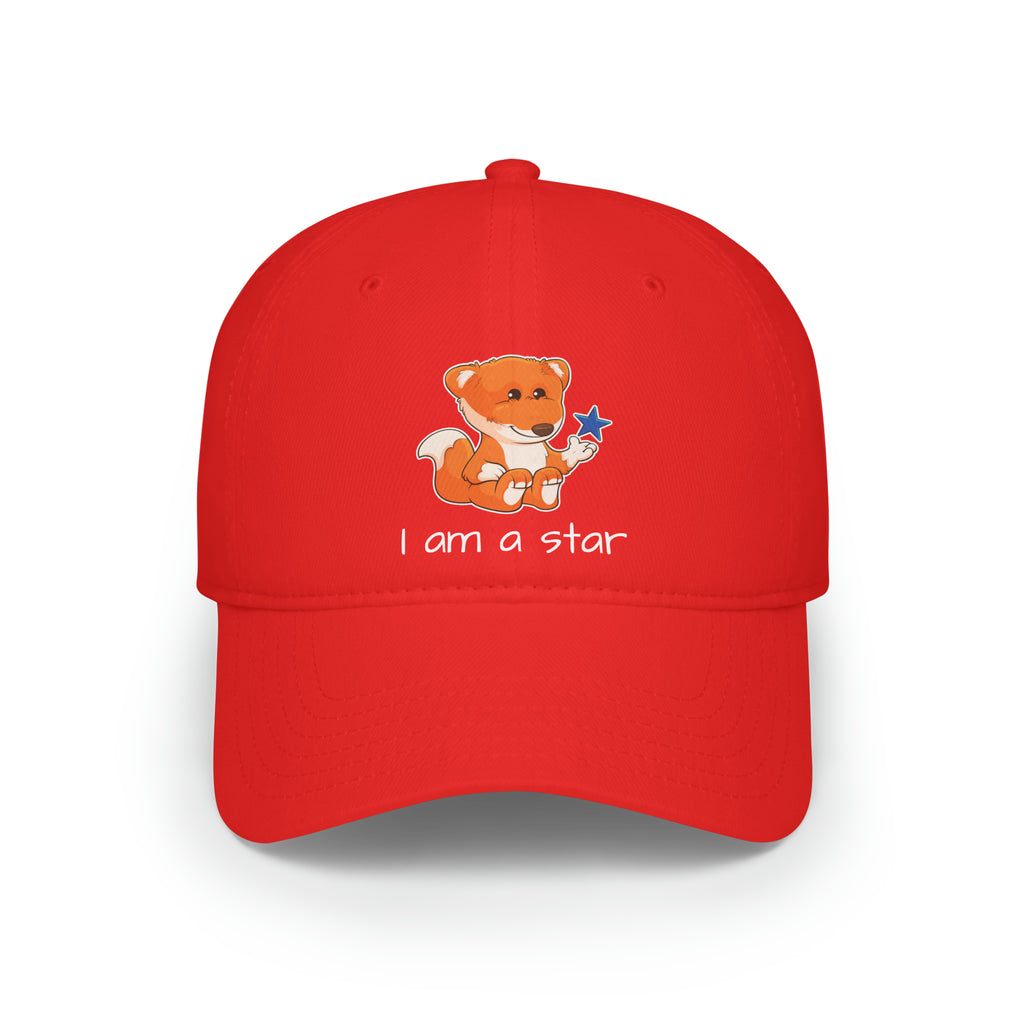 Front-view of a red baseball hat with a picture of a fox that says I am a star.