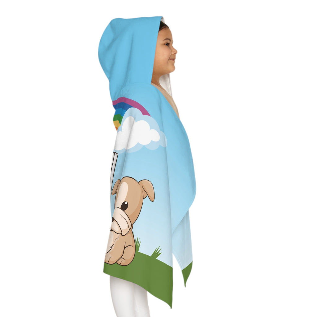 Right side-view of a girl wearing a hooded towel and holding it closed around her. The towel has a scene of a cat painting on a canvas next to a dog, a rainbow in the background, and the phrase "I am creative" along the bottom.
