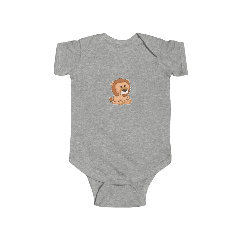 A heather grey baby onesie with a picture of a lion.