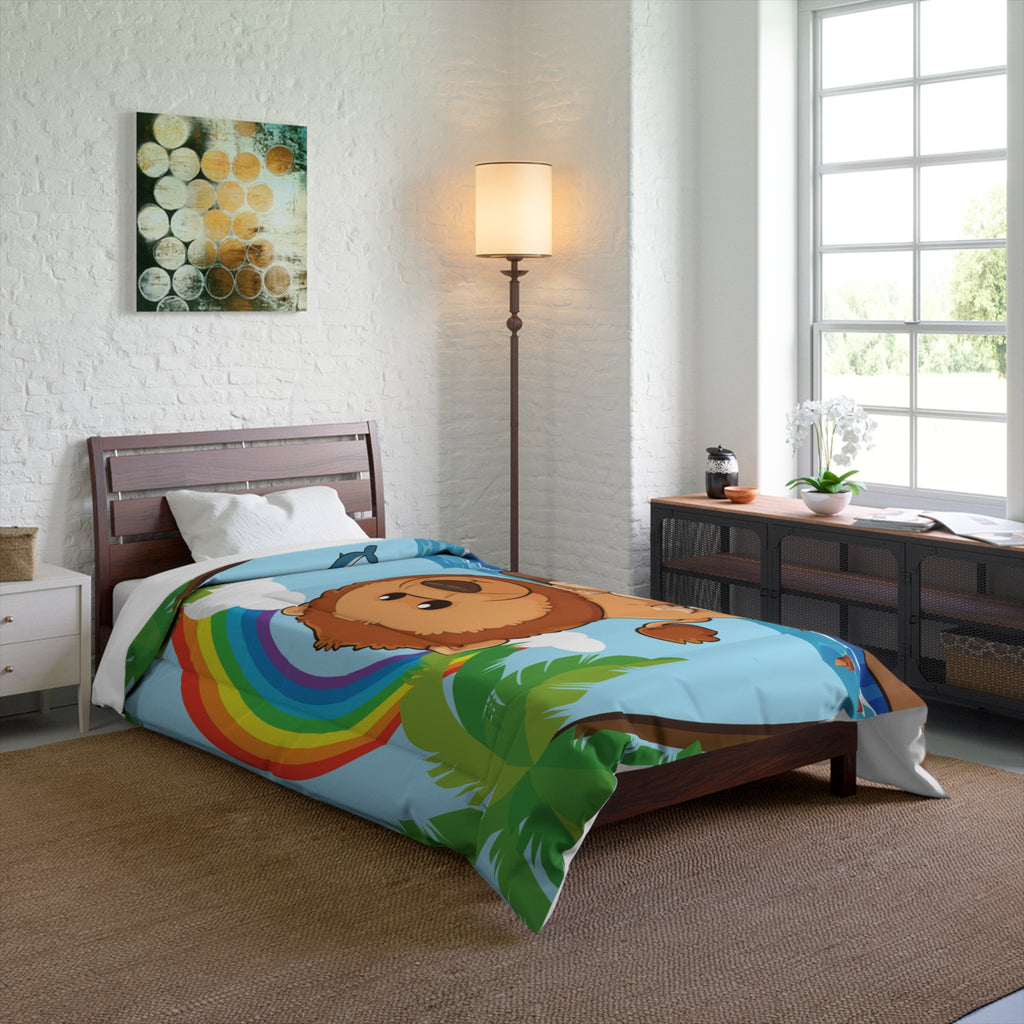 A 68 by 88 inch bed comforter with a scene of a lion standing on a cliff over the ocean, a rainbow in the background, and the phrase "I am strong" along the bottom. The comforter covers a twin-sized bed.