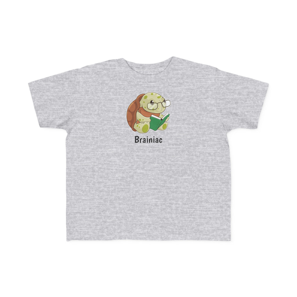 A short-sleeve heather grey shirt with a picture of a turtle that says Brainiac.