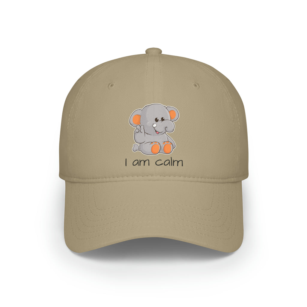 Front-view of a khaki baseball hat with a picture of an elephant that says I am calm.