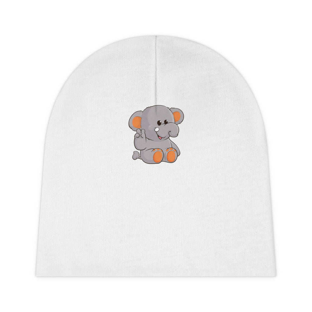 A white baby beanie with a small picture of an elephant.