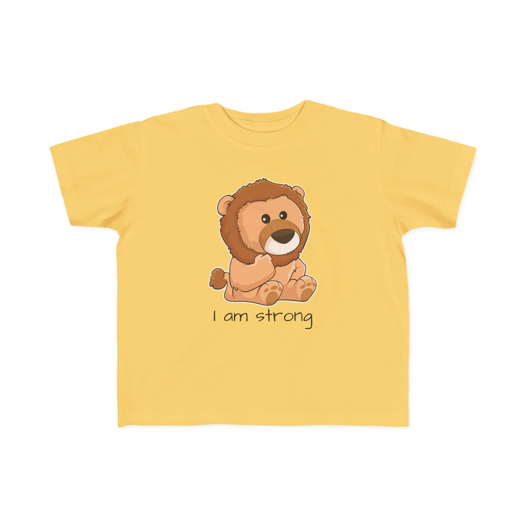 A short-sleeve yellow shirt with a picture of a lion that says I am strong.