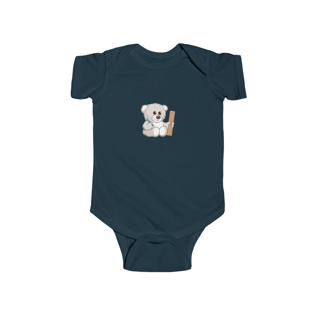 A navy blue baby onesie with a picture of a bear.