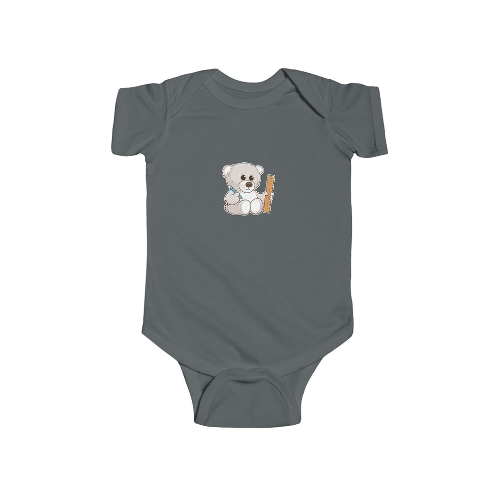 A charcoal grey baby onesie with a picture of a bear.