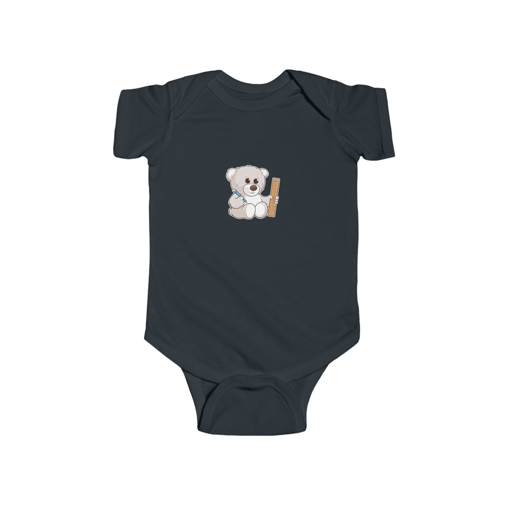 A black baby onesie with a picture of a bear.
