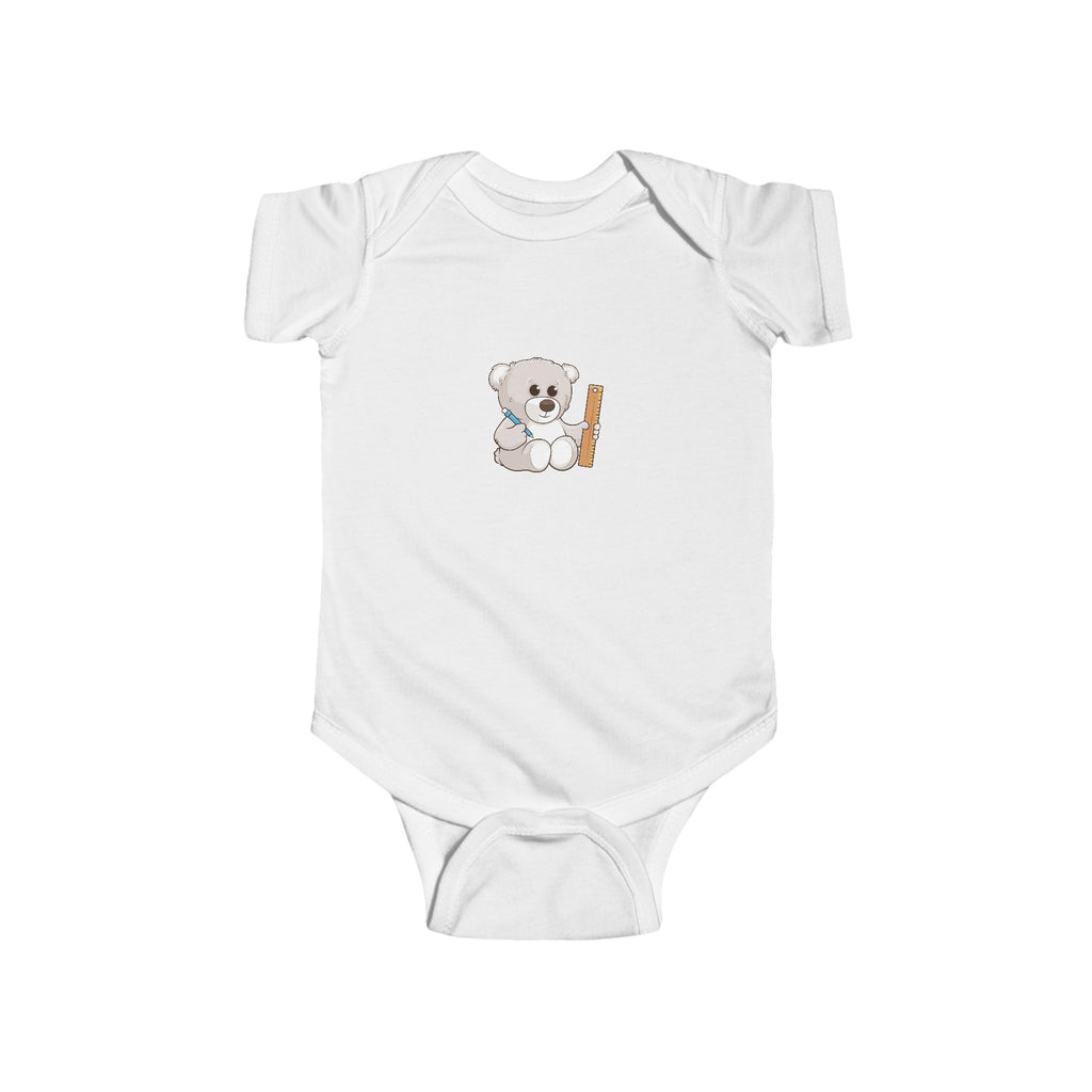A white baby onesie with a picture of a bear.