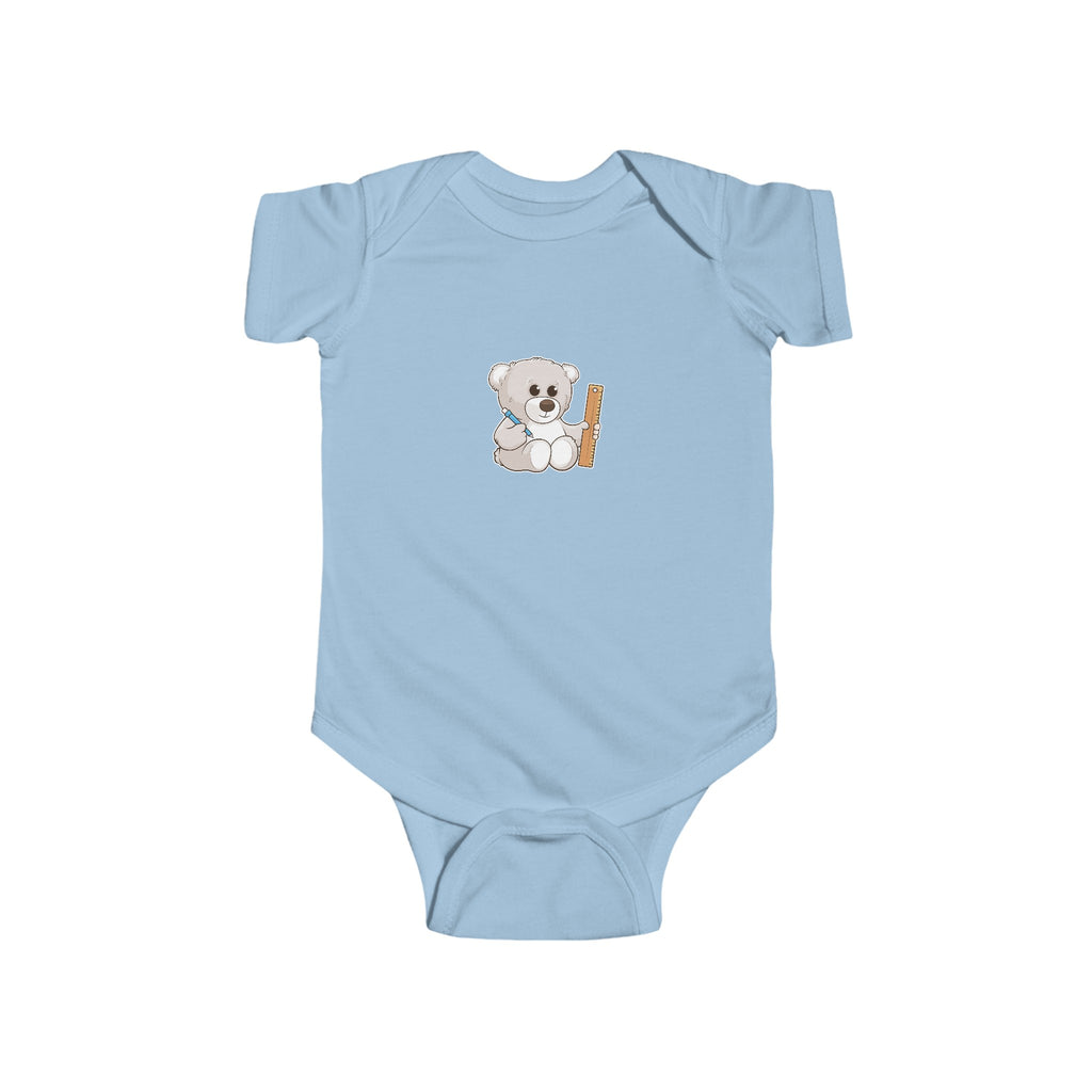 A light blue baby onesie with a picture of a bear.