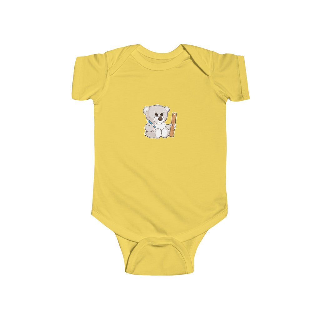 A yellow baby onesie with a picture of a bear.
