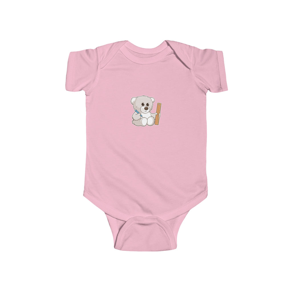 A light pink baby onesie with a picture of a bear.
