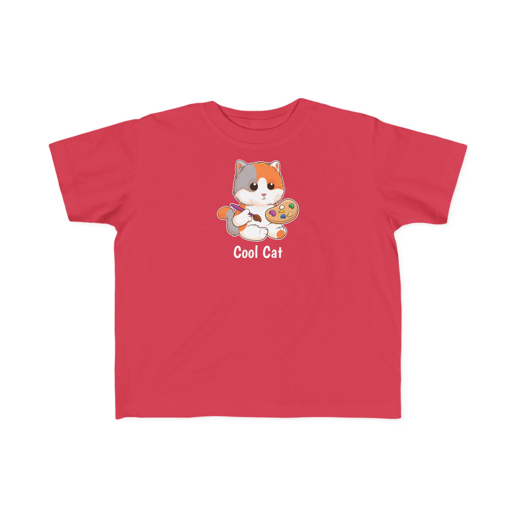 A short-sleeve red shirt with a picture of a cat that says Cool Cat.