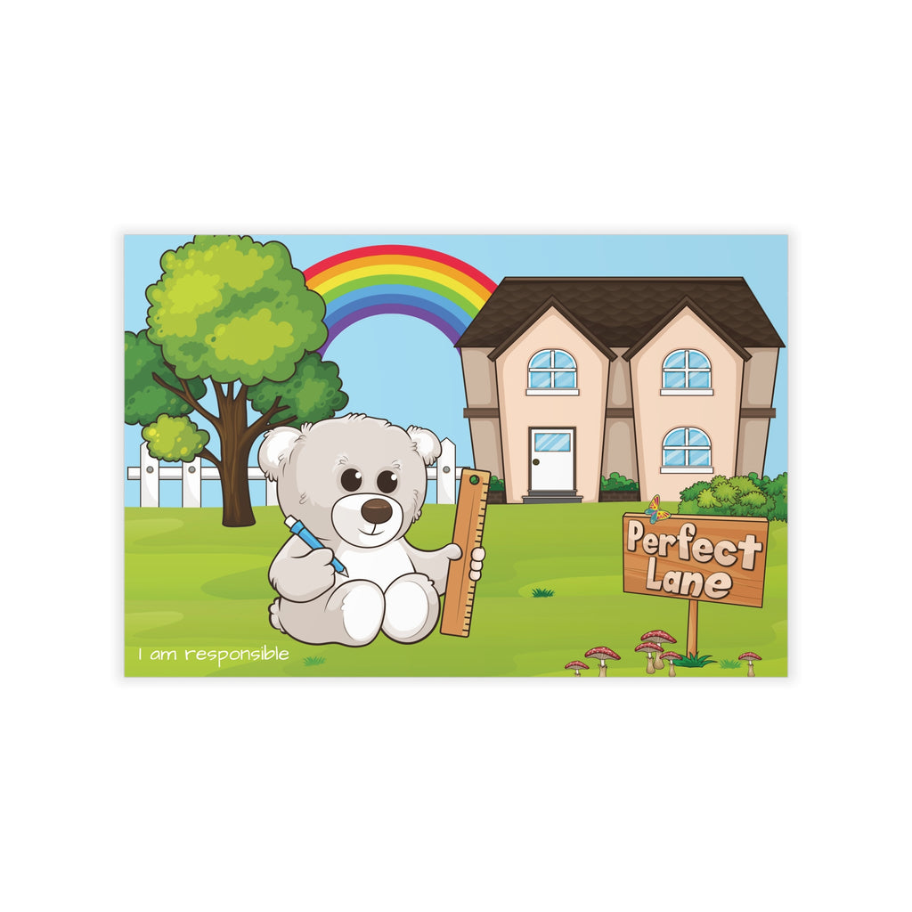 A wall decal that has a scene of a bear sitting in the yard of its house, a rainbow in the background, and the phrase "I am responsible" along the bottom.