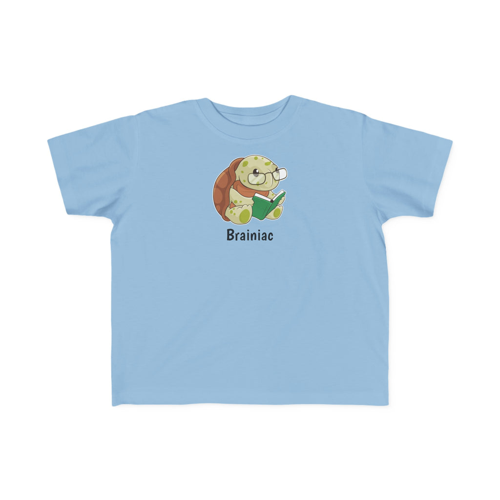 A short-sleeve light blue shirt with a picture of a turtle that says Brainiac.