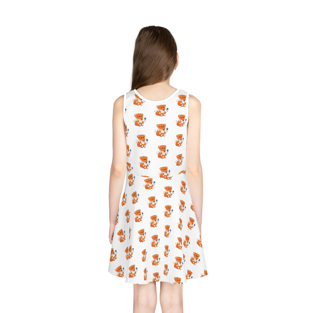 Back-view of a girl wearing a sleeveless white dress with a repeating pattern of a fox.