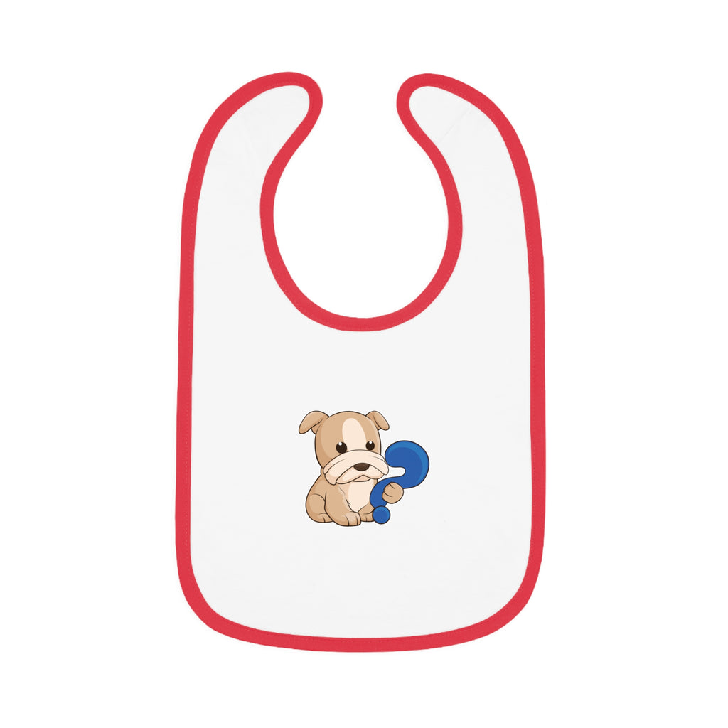 A white baby bib with red trim and a small picture of a dog.
